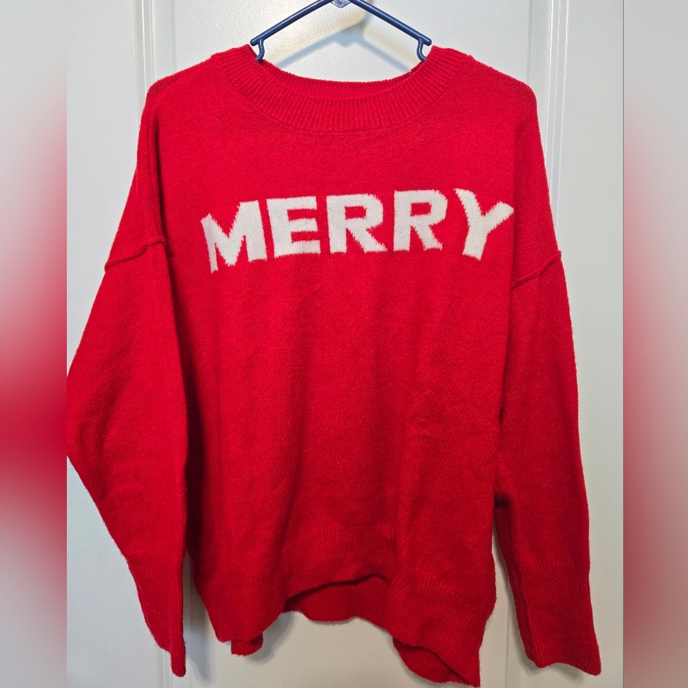 CeCe Vibrant Red Merry Christmas Sweater